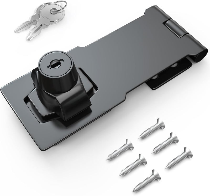 I-EASYDWW 4 Inch Keyed Hasp Lock for Cabinets & Small Doors, Twist Knob Design, Heavy Duty Zinc Alloy with Chrome-Plated Iron, Includes Keys & Screws, Black - Image 1